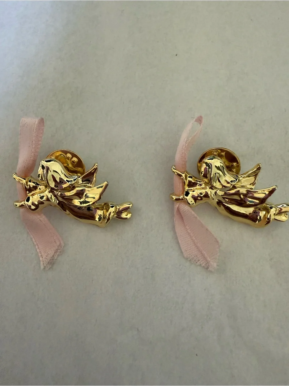 Gold Angel Hair Pin with Pink Ribbon Accent